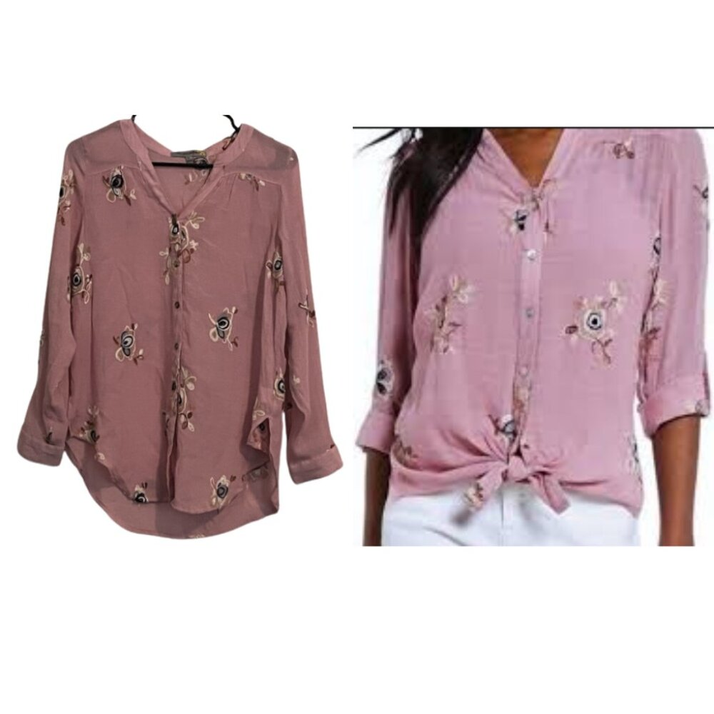 Figueroa & Flower Pink Floral Embroidered Button Front Blouse Roll Tab Petite L